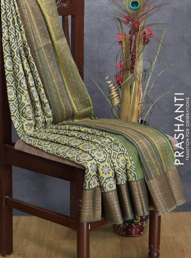 Semi gadwal saree green shade with allover ajrakh prints and woven border - {{ collection.title }} by Prashanti Sarees