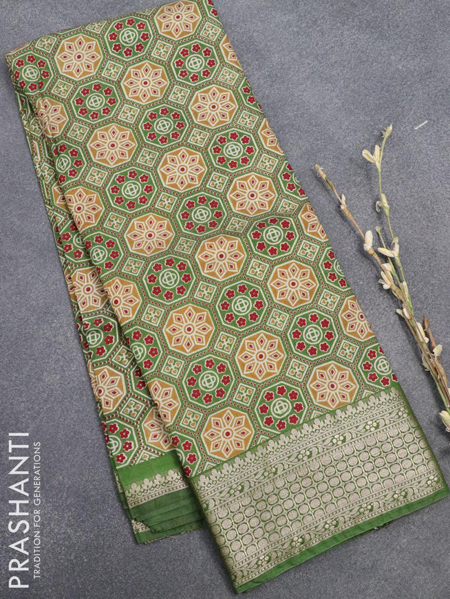 Semi gadwal saree green with allover ajrakh prints and zari woven border - {{ collection.title }} by Prashanti Sarees