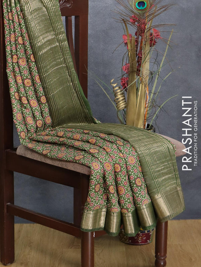 Semi gadwal saree green with allover ajrakh prints and zari woven border - {{ collection.title }} by Prashanti Sarees