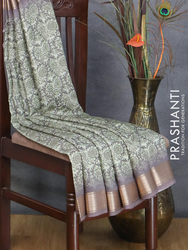 Semi gadwal saree pista green and rosy brown with allover floral prints and zari woven border - {{ collection.title }} by Prashanti Sarees