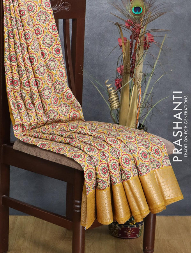 Semi gadwal saree yellow shade with allover ajrakh prints and zari woven border - {{ collection.title }} by Prashanti Sarees