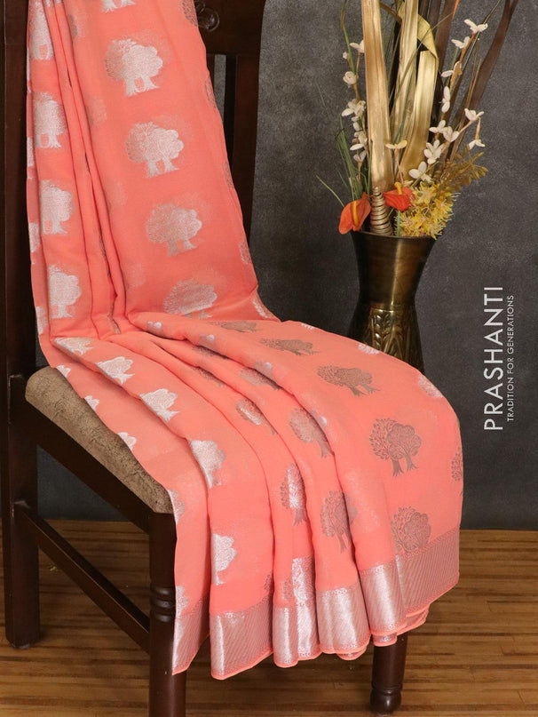 Semi georgette saree peach with silver zari woven tree buttas and silver zari woven border - {{ collection.title }} by Prashanti Sarees