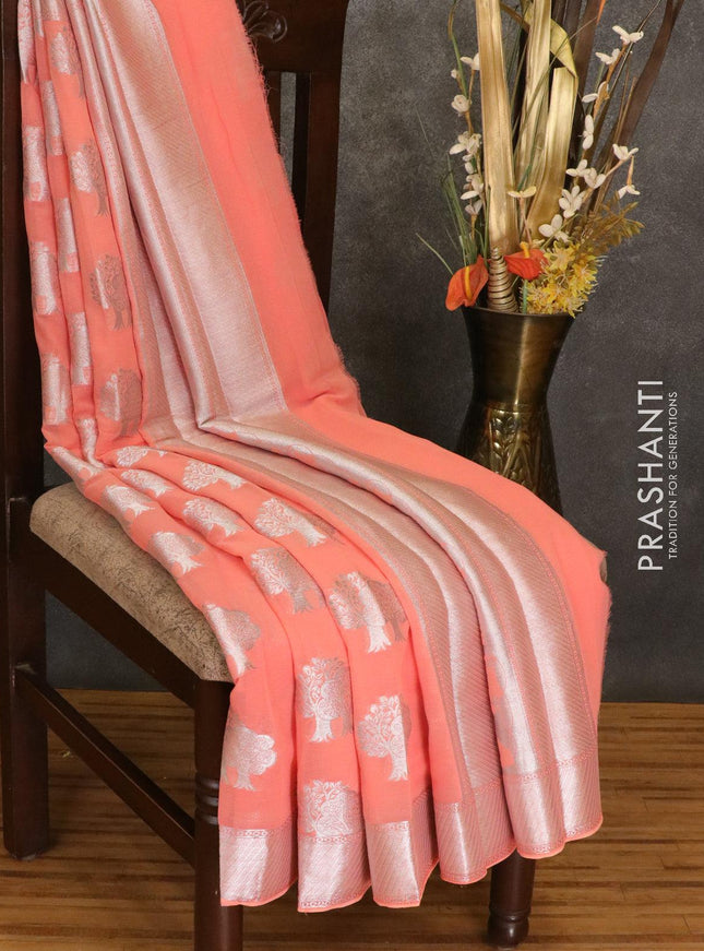 Semi georgette saree peach with silver zari woven tree buttas and silver zari woven border - {{ collection.title }} by Prashanti Sarees