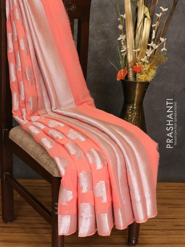 Semi georgette saree peach with silver zari woven tree buttas and silver zari woven border - {{ collection.title }} by Prashanti Sarees