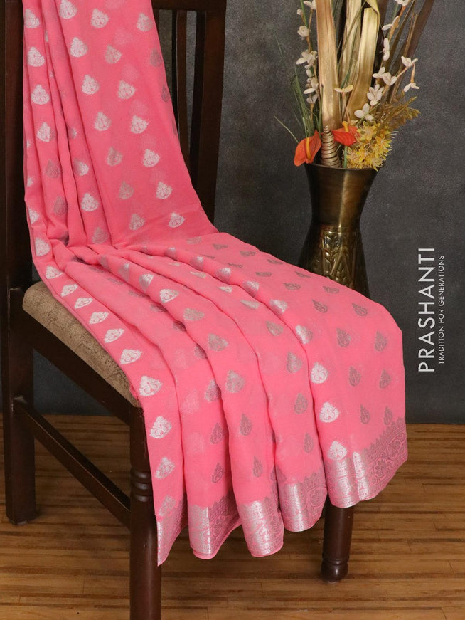 Semi georgette saree pink with allover silver zari woven buttas and silver zari woven floral border - {{ collection.title }} by Prashanti Sarees