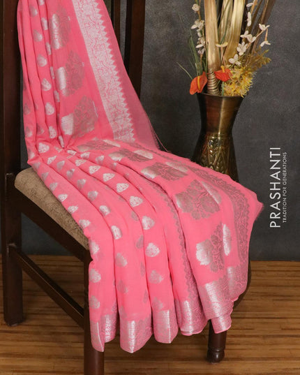 Semi georgette saree pink with allover silver zari woven buttas and silver zari woven floral border - {{ collection.title }} by Prashanti Sarees