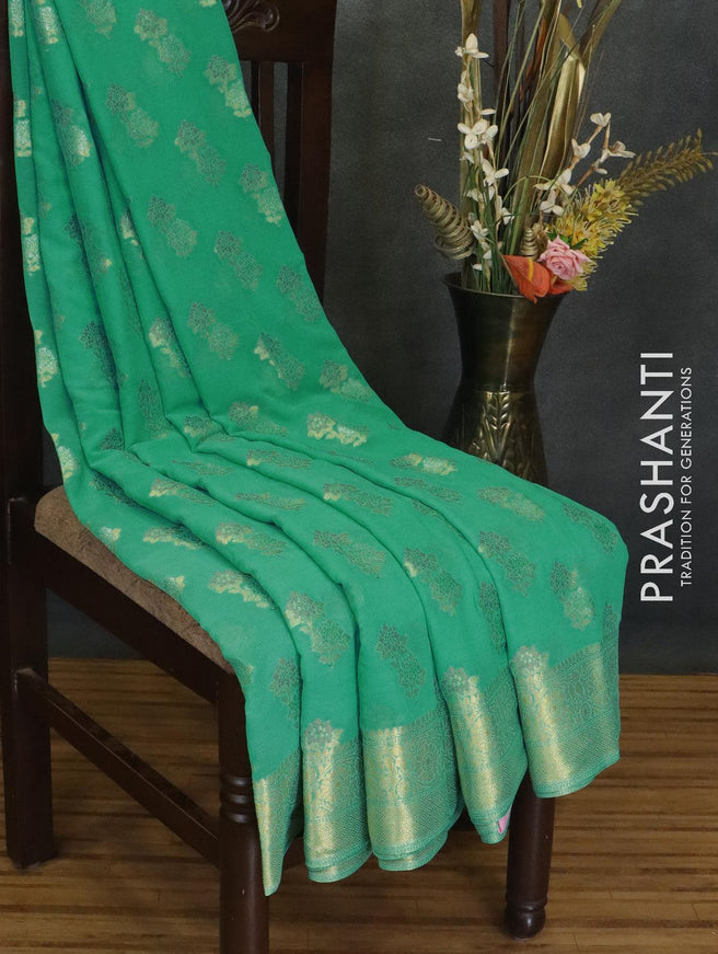 Semi georgette saree teal blue with floral zari woven buttas and floral zari woven border - {{ collection.title }} by Prashanti Sarees