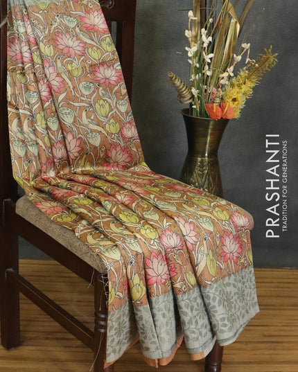 Semi jute silk saree brown with allover floral prints and woven border - {{ collection.title }} by Prashanti Sarees