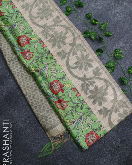 Semi jute silk saree green and beige with allover floral prints woven buttas and woven border - {{ collection.title }} by Prashanti Sarees