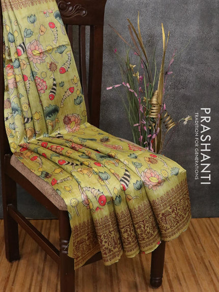 Semi jute silk saree green shade with allover floral prints and floral woven border - {{ collection.title }} by Prashanti Sarees