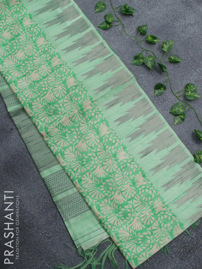 Semi jute silk saree green shade with allover prints and temple woven border - {{ collection.title }} by Prashanti Sarees