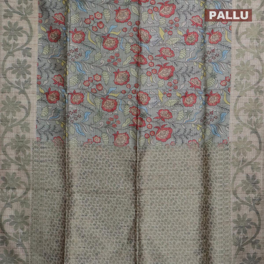 Semi jute silk saree grey and beige with allover floral prints woven buttas and woven border - {{ collection.title }} by Prashanti Sarees