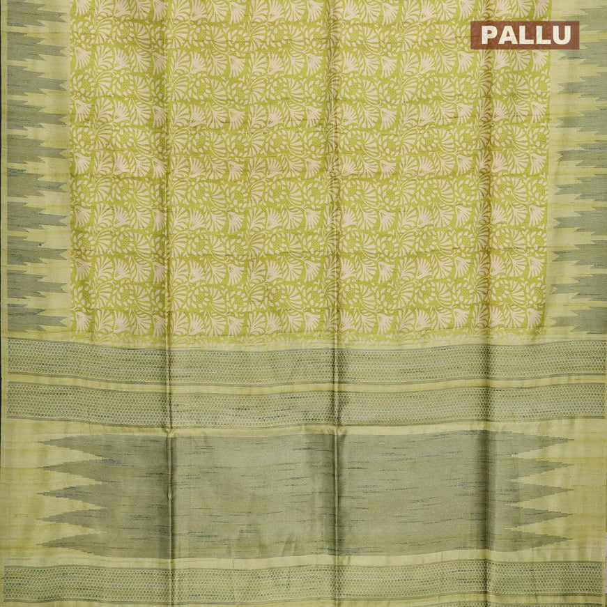 Semi jute silk saree light green with allover prints and temple woven border - {{ collection.title }} by Prashanti Sarees
