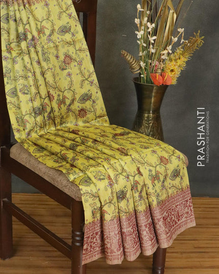 Semi jute silk saree lime yellow and beige with allover prints and woven border - {{ collection.title }} by Prashanti Sarees