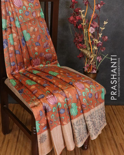 Semi jute silk saree rust shade and beige with allover floral prints and floral woven border - {{ collection.title }} by Prashanti Sarees
