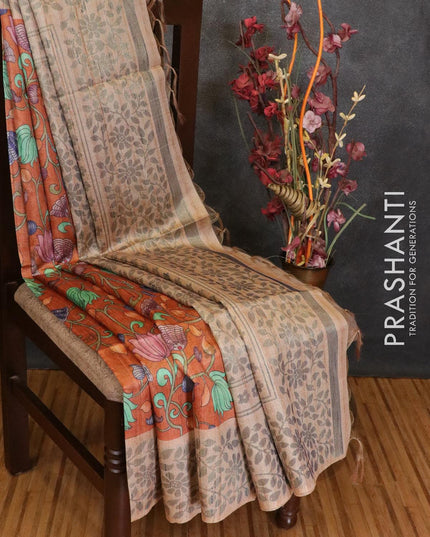 Semi jute silk saree rust shade and beige with allover floral prints and floral woven border - {{ collection.title }} by Prashanti Sarees