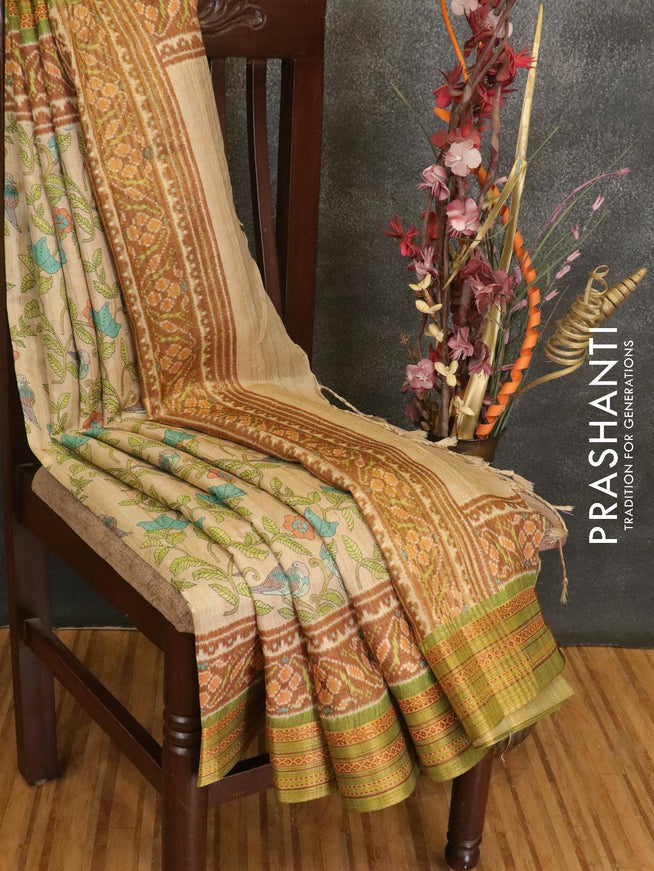 Semi linen saree beige and brown with allover prints and simple border - {{ collection.title }} by Prashanti Sarees