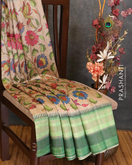 Semi linen saree beige and green with allover floral prints and simple border - IVO1539 - {{ collection.title }} by Prashanti Sarees