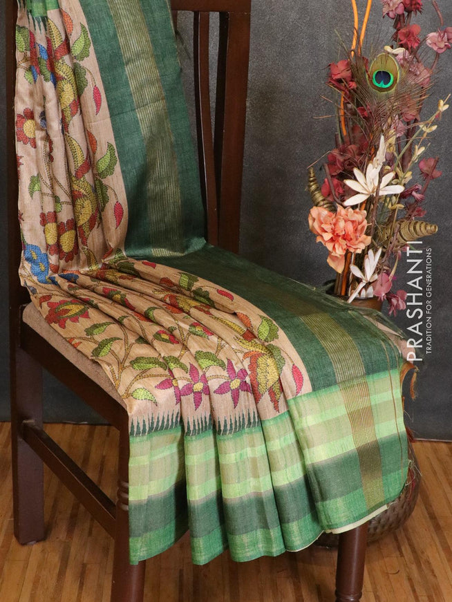 Semi linen saree beige and green with allover floral prints and simple border - IVO1539 - {{ collection.title }} by Prashanti Sarees