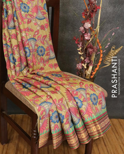 Semi linen saree beige and green with allover floral prints and simple border - {{ collection.title }} by Prashanti Sarees