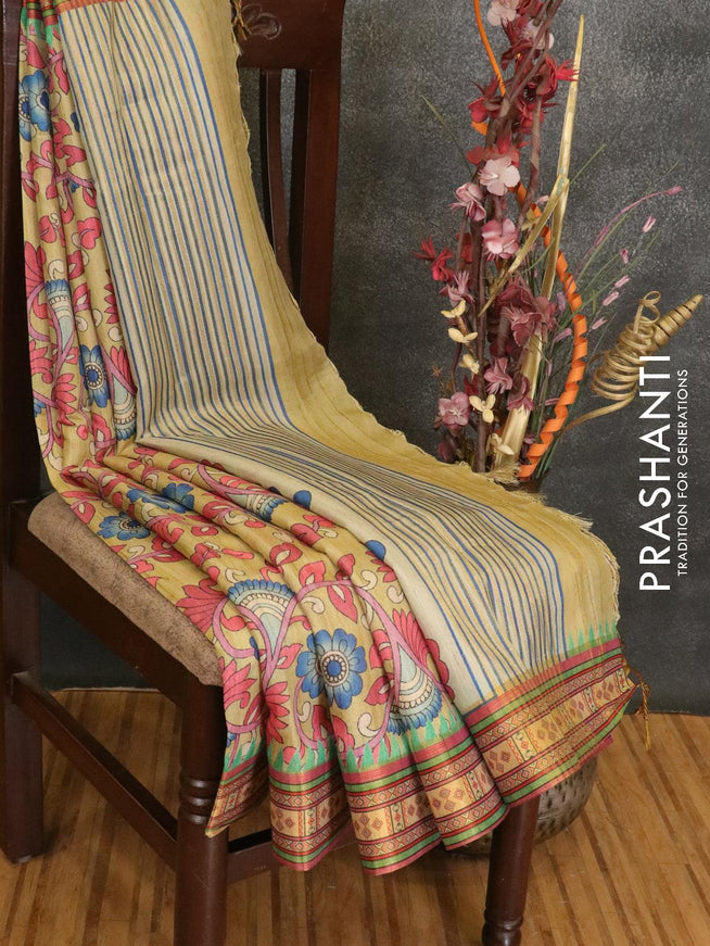 Semi linen saree beige and green with allover floral prints and simple border - {{ collection.title }} by Prashanti Sarees