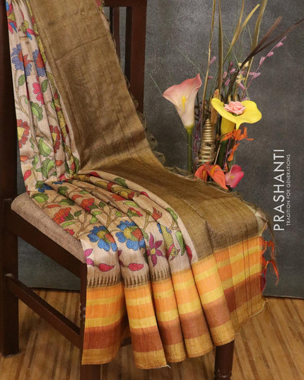 Semi linen saree beige and mustard with allover floral prints and simple border - {{ collection.title }} by Prashanti Sarees
