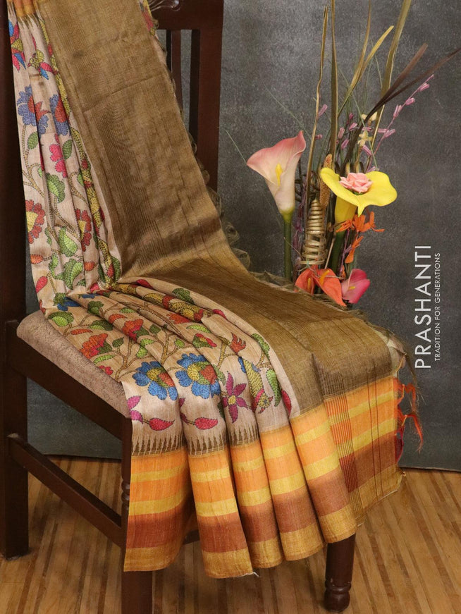 Semi linen saree beige and mustard with allover floral prints and simple border - {{ collection.title }} by Prashanti Sarees
