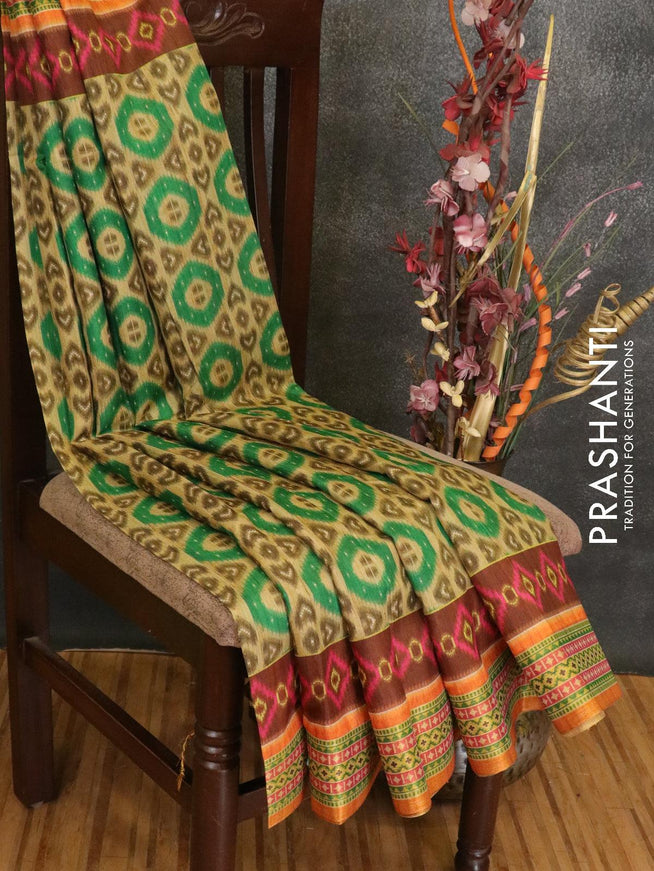 Semi linen saree beige and orange with allover prints and simple border - {{ collection.title }} by Prashanti Sarees