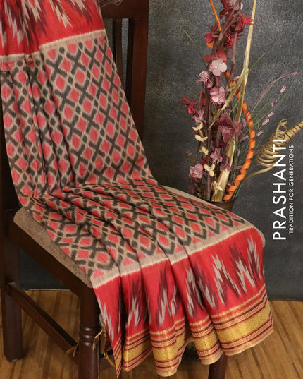 Semi linen saree beige and pink red with allover ikat prints and simple border - {{ collection.title }} by Prashanti Sarees
