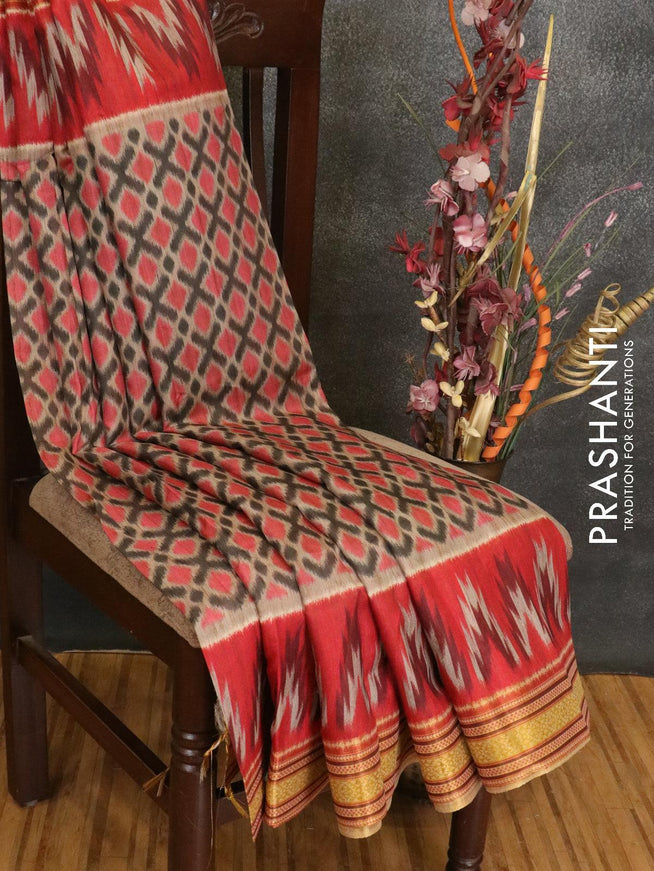Semi linen saree beige and pink red with allover ikat prints and simple border - {{ collection.title }} by Prashanti Sarees