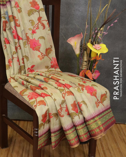 Semi linen saree beige and purple with allover floral prints and simple border - {{ collection.title }} by Prashanti Sarees