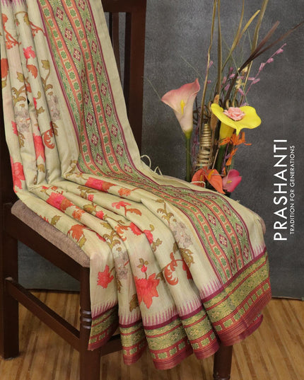 Semi linen saree beige and purple with allover floral prints and simple border - {{ collection.title }} by Prashanti Sarees