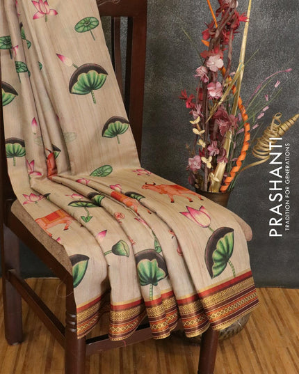Semi linen saree beige with allover floral prints and simple border - IVO1600 - {{ collection.title }} by Prashanti Sarees