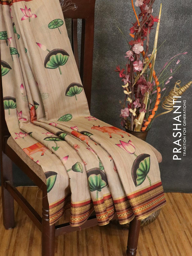 Semi linen saree beige with allover floral prints and simple border - IVO1600 - {{ collection.title }} by Prashanti Sarees