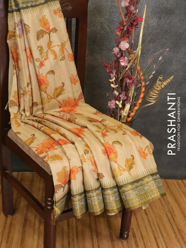 Semi linen saree beige with allover floral prints and simple border - {{ collection.title }} by Prashanti Sarees