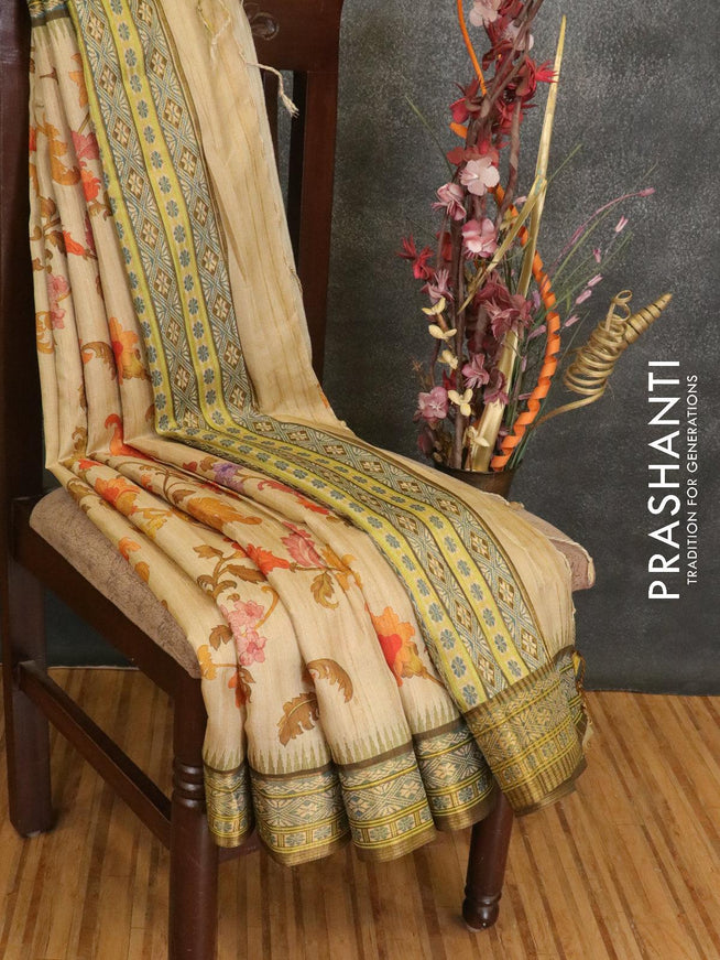 Semi linen saree beige with allover floral prints and simple border - {{ collection.title }} by Prashanti Sarees