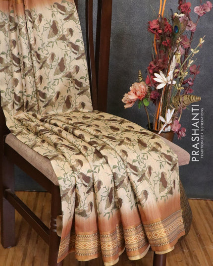 Semi linen saree cream and brown with allover prints and simple border - IVO1410 - {{ collection.title }} by Prashanti Sarees