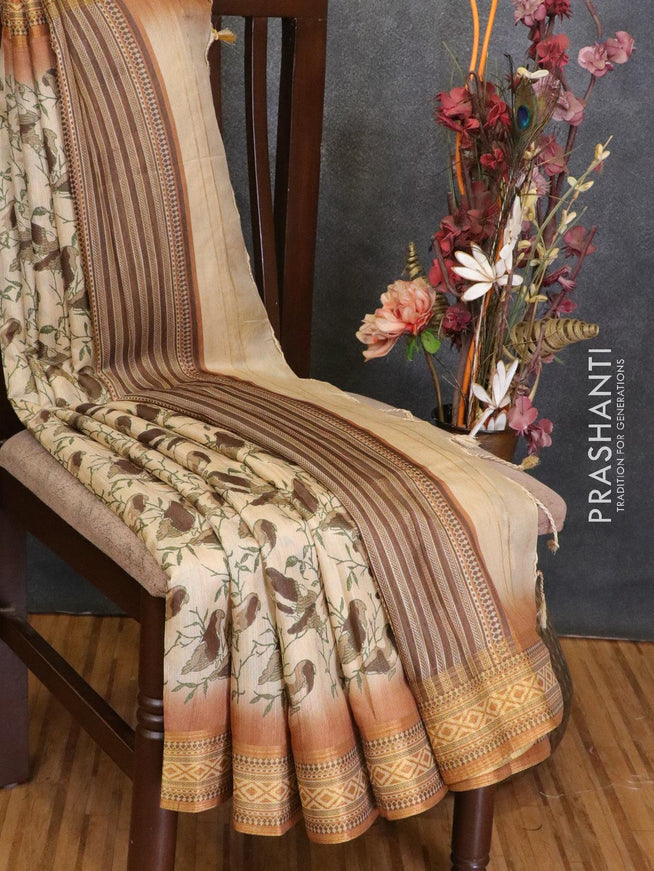 Semi linen saree cream and brown with allover prints and simple border - IVO1410 - {{ collection.title }} by Prashanti Sarees