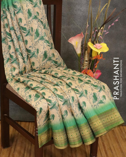 Semi linen saree cream and green with allover prints and simple border - IVO1412 - {{ collection.title }} by Prashanti Sarees