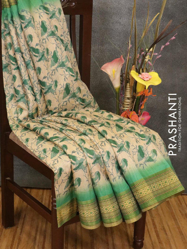 Semi linen saree cream and green with allover prints and simple border - IVO1412 - {{ collection.title }} by Prashanti Sarees
