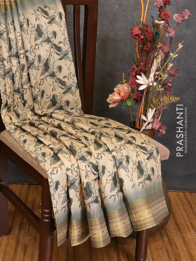 Semi linen saree cream and grey with allover prints and simple border - {{ collection.title }} by Prashanti Sarees