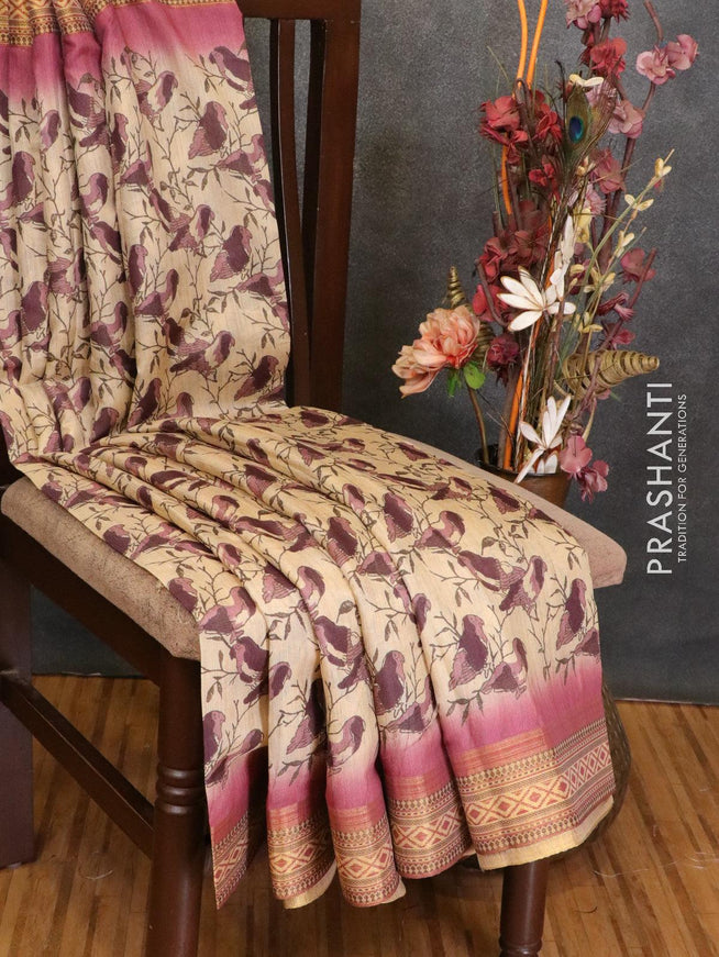 Semi linen saree cream and mauve pink with allover prints and simple border - {{ collection.title }} by Prashanti Sarees
