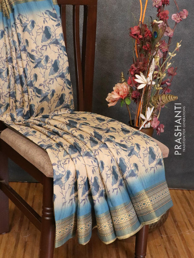 Semi linen saree cream and pastel blue with allover prints and simple border - {{ collection.title }} by Prashanti Sarees