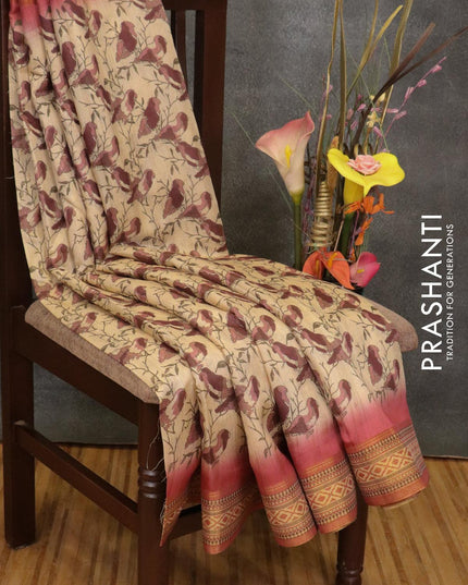 Semi linen saree cream and pink with allover prints and simple border - IVO1411 - {{ collection.title }} by Prashanti Sarees