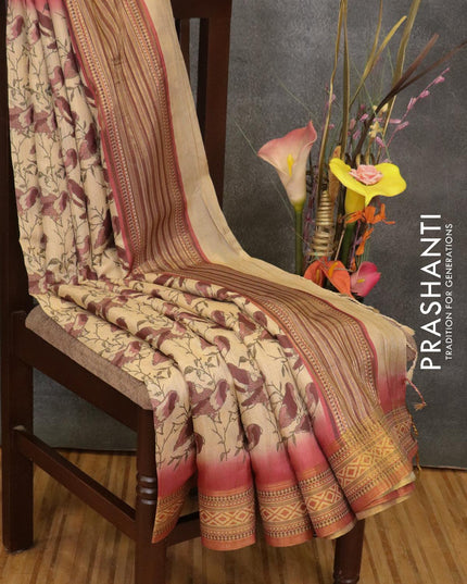 Semi linen saree cream and pink with allover prints and simple border - IVO1411 - {{ collection.title }} by Prashanti Sarees
