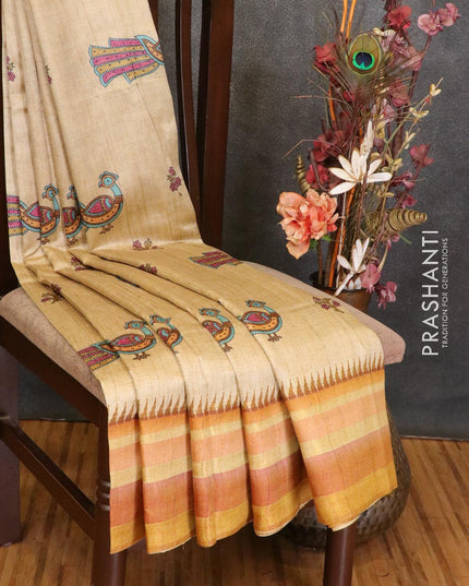 Semi linen saree cream and yellow with peacock butta prints and simple border - IVO1534 - {{ collection.title }} by Prashanti Sarees