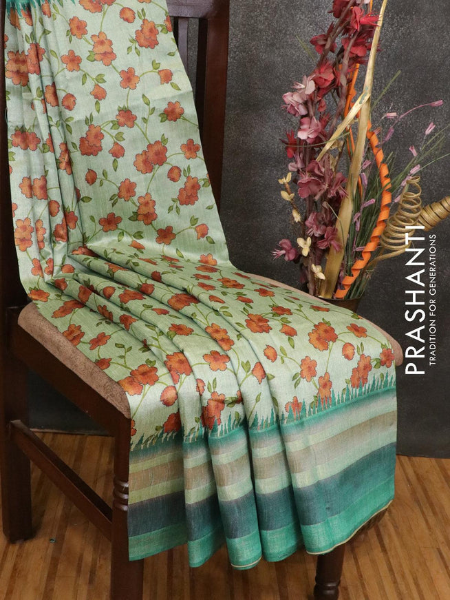 Semi linen saree green shade and teal green with allover floral prints and simple border - {{ collection.title }} by Prashanti Sarees