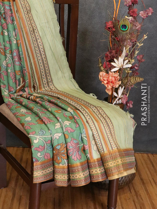 Semi linen saree green with allover floral prints and simple border - {{ collection.title }} by Prashanti Sarees