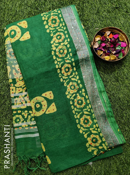 Semi linen saree green with kantha stitch work and silver zari border - {{ collection.title }} by Prashanti Sarees