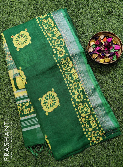Semi linen saree green with kantha stitch work and silver zari border - {{ collection.title }} by Prashanti Sarees